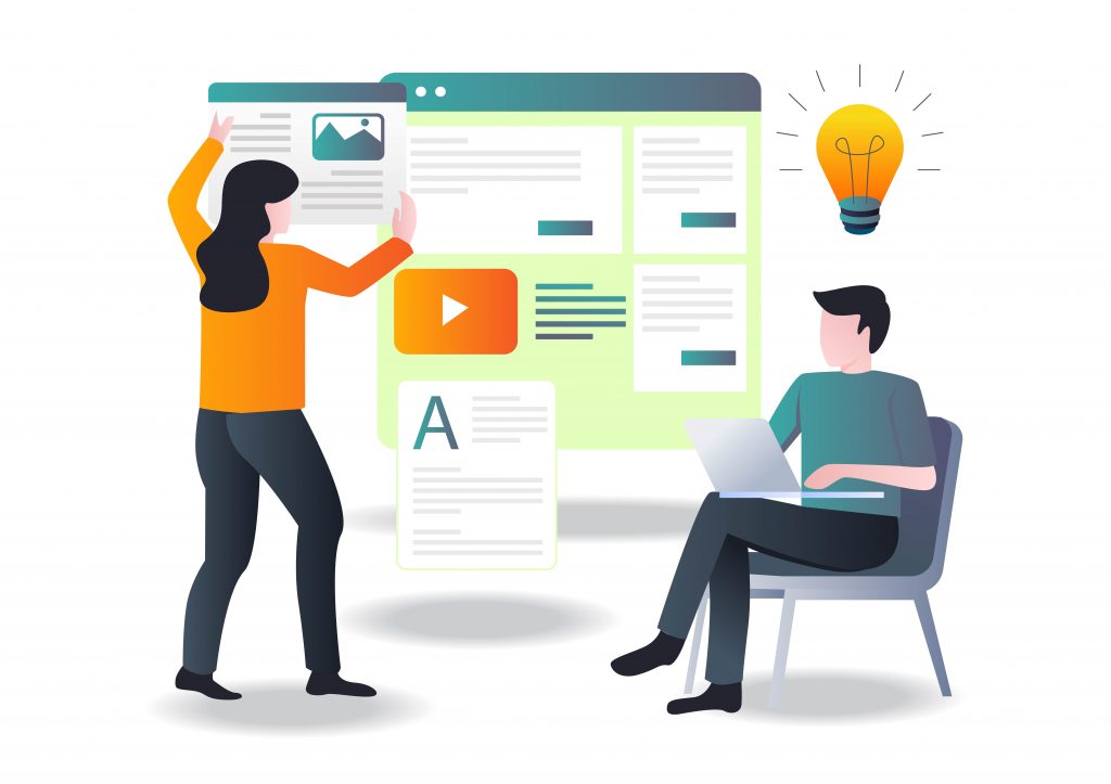 illustration of a girl and boy working on website content - seo strategy